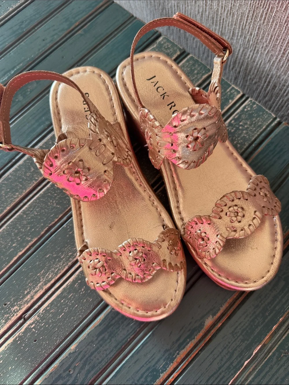 Girls Jack Rogers Metallic Gold Wedge Sandals with Floral Cutouts